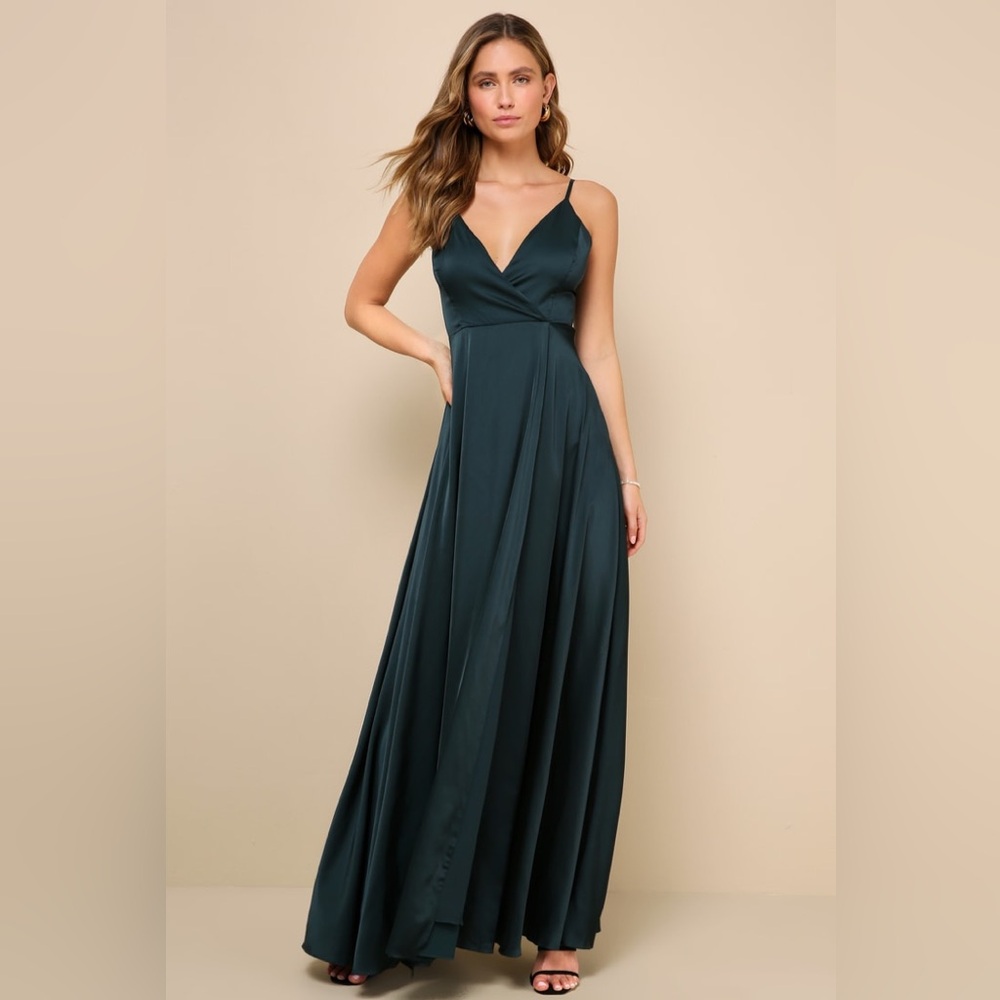 Lulus-Ode To Love Emerald Green Satin Maxi Dress (XS)
